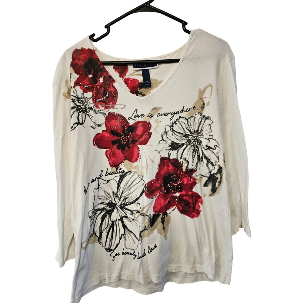 Karen Scott Womens XL White Red Floral Rhinestone Graphic V-Neck 3/4 Sleeve Top